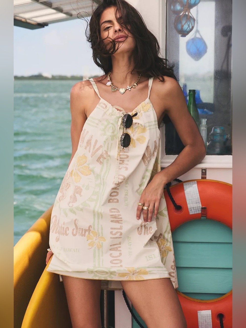 BDG Eva Tie-Front Ruched Strap Trapeze Mini Dress